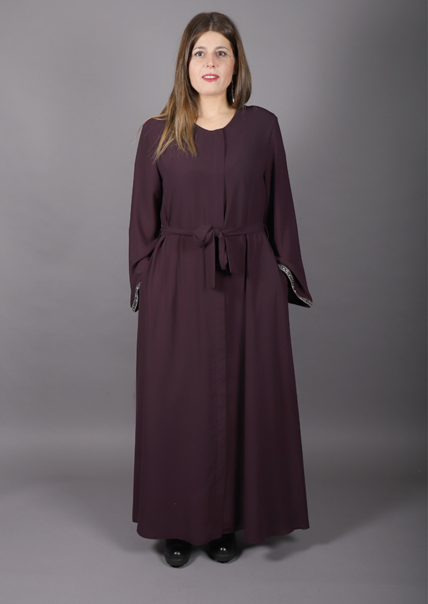 Abaya col rond , strass , violet 