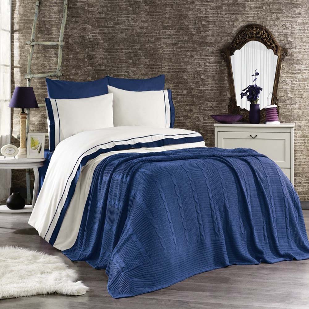   Ipekce Home housse de couette avec couverture tricot 2 personnes brodé damassé 7 pièces Atlantis Tricots - Bleu