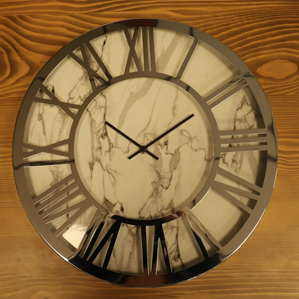 Horloge blanc murale Design Moderne, Cadres et Aiguilles en métal, avec Cadran en marbre Effet 40 cm (Argent)