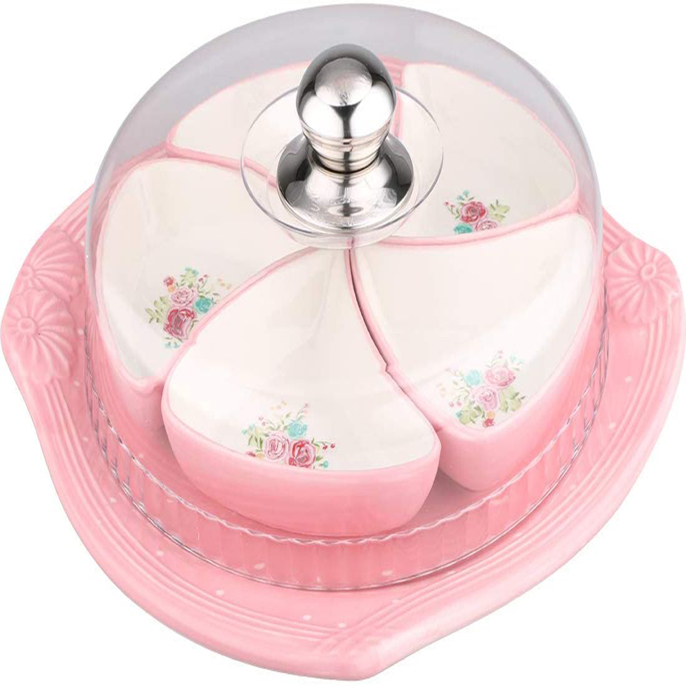 Ensemble de petit-déjeuner Plateau avec 5 bols. Couvercle en porcelaine blanche et rose