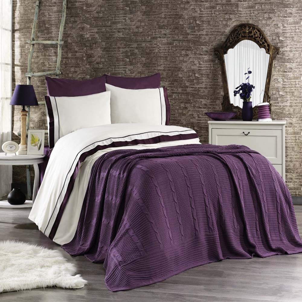 Ipekce Home housse de couette avec couverture tricot 2 personnes brodé damassé 7 pièces Atlantis Tricots - Violet 