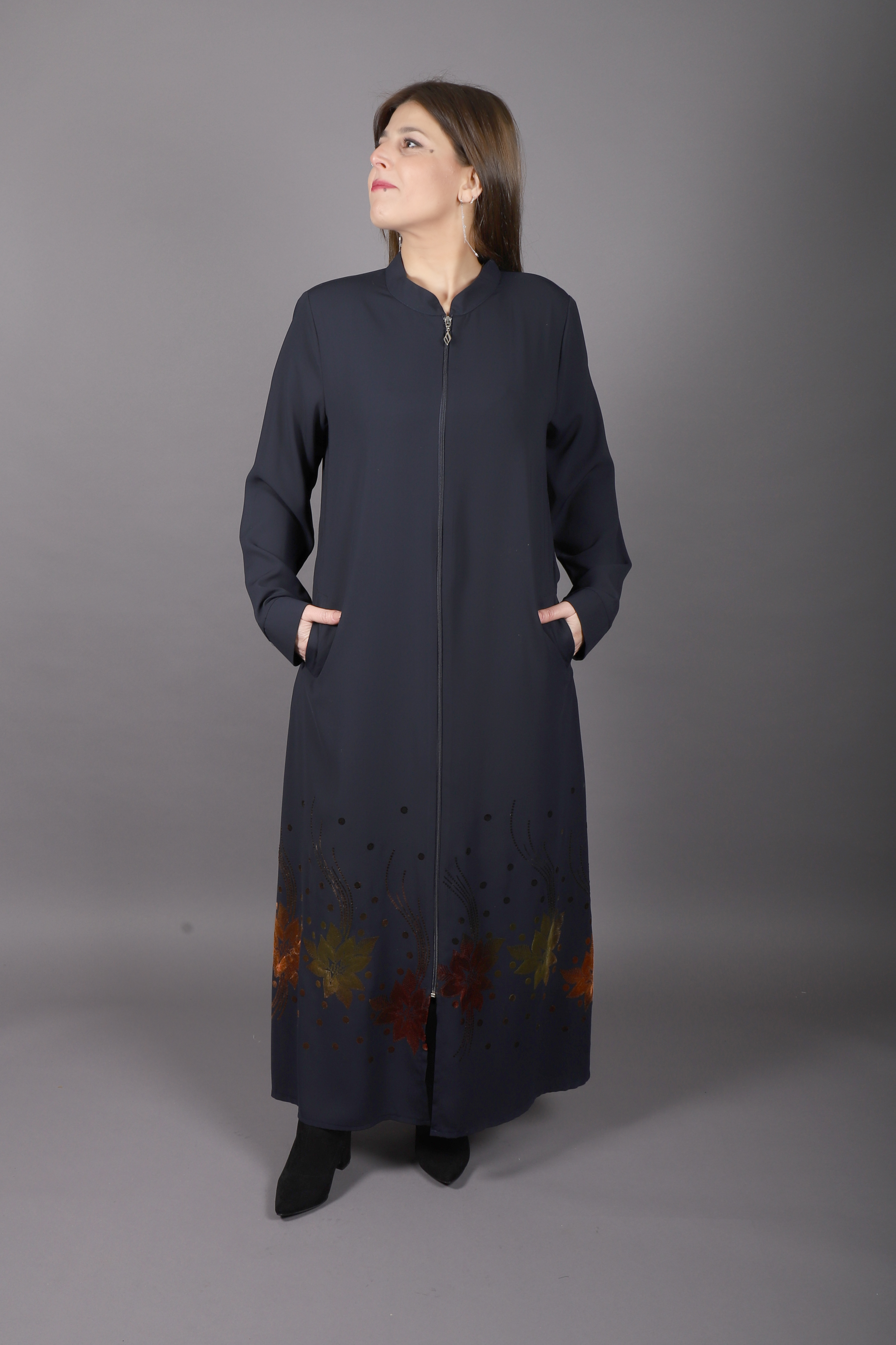 Abaya col chinois tissu non doublé bleu marine Tinna