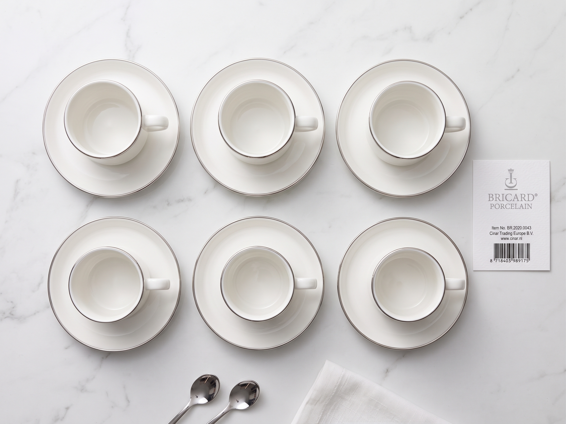 Service de 6 Tasses Bricard Porcelain avec Liseré Argenté - Blanc Classique