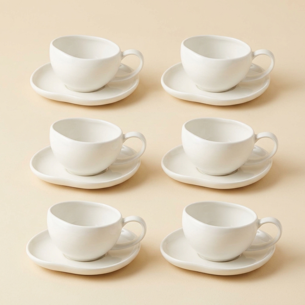 Service de 6 Tasses et Sous-Tasses en Porcelaine Blanche Barles