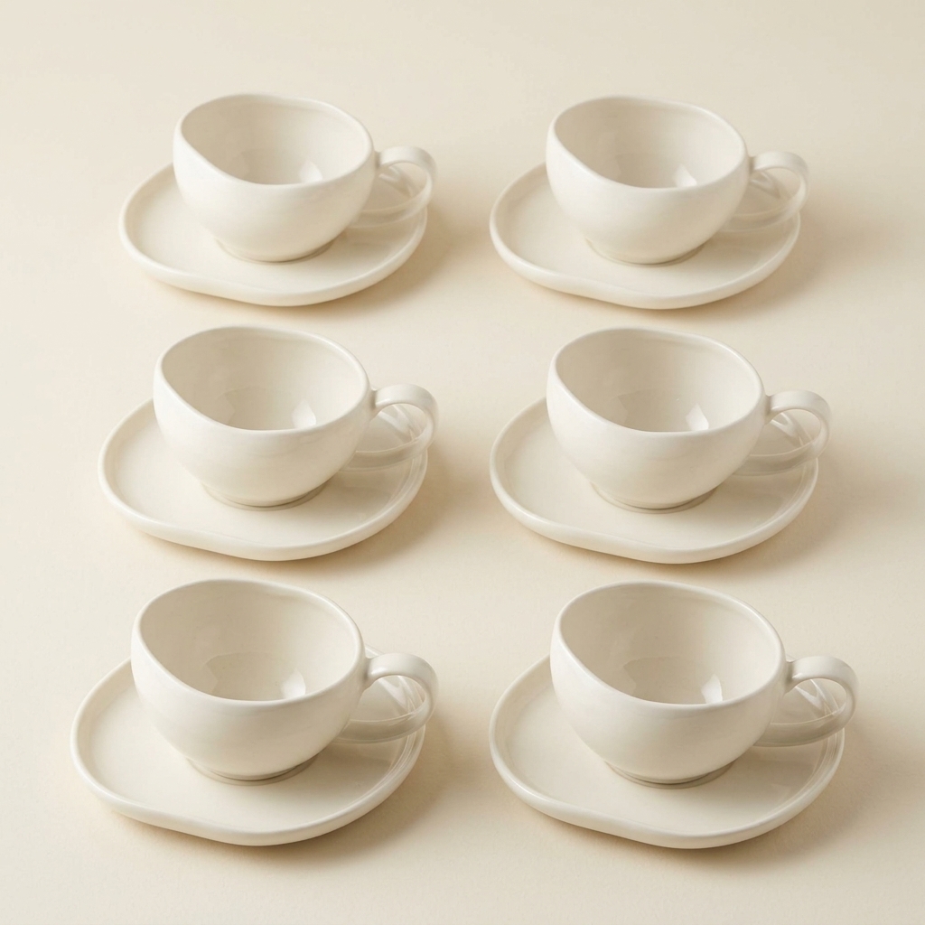 Service de 6 Tasses et Sous-Tasses en Porcelaine Blanche Barles
