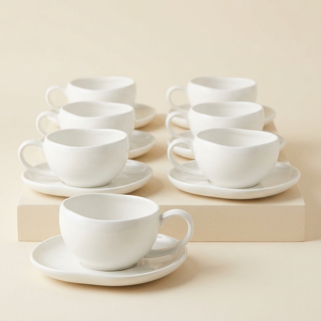 Service de 6 Tasses et Sous-Tasses en Porcelaine Blanche Barles