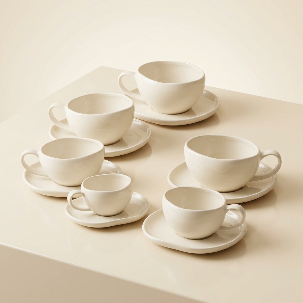 Service de 6 Tasses et Sous-Tasses en Porcelaine Blanche Barles