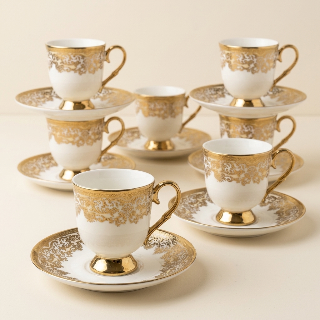 Service de Tasses à Café Turc en Porcelaine Dorée Paçi - 6 Personnes