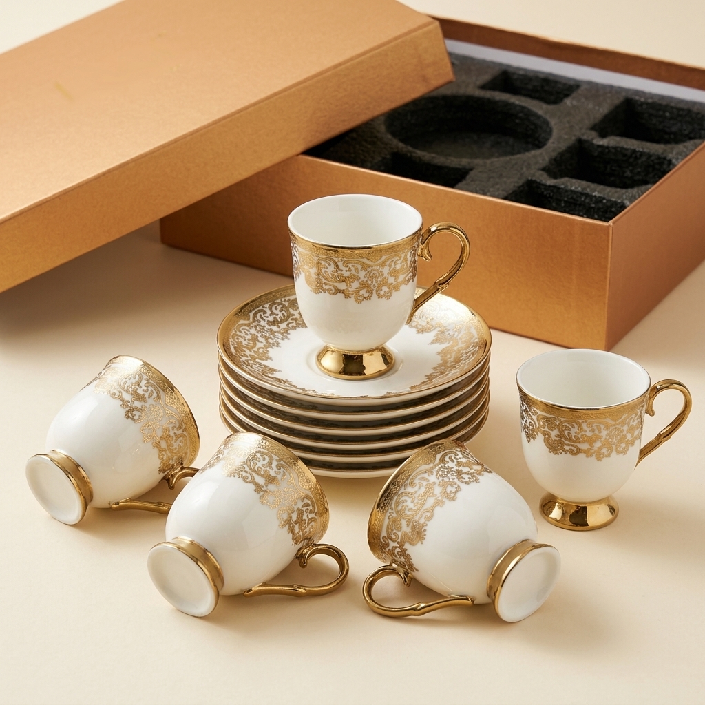 Service de Tasses à Café Turc en Porcelaine Dorée Paçi - 6 Personnes
