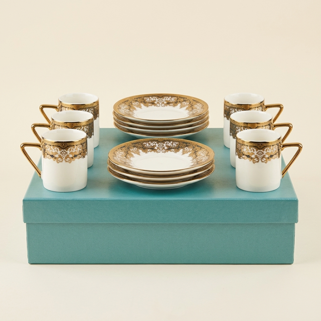 Service de Tasses à Café Turc en Porcelaine Dorée - 6 Personnes
