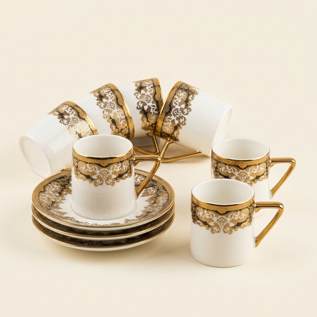 Service de Tasses à Café Turc en Porcelaine Dorée - 6 Personnes