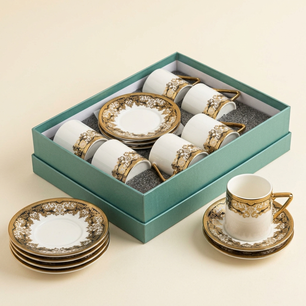 Service de Tasses à Café Turc en Porcelaine Dorée - 6 Personnes
