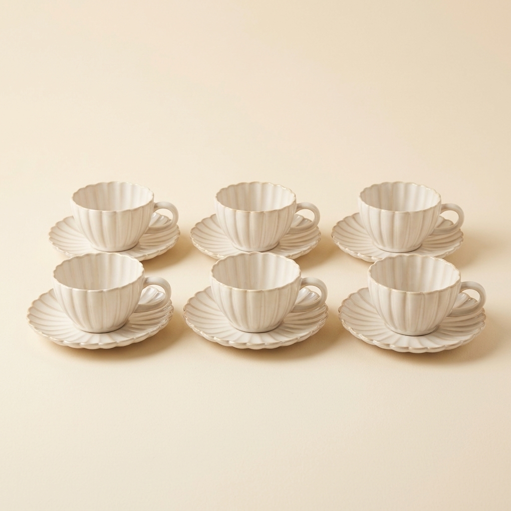 Service de 6 Tasses à Café avec Soucoupes en Porcelaine Bloomy - Almina (12 Pièces)