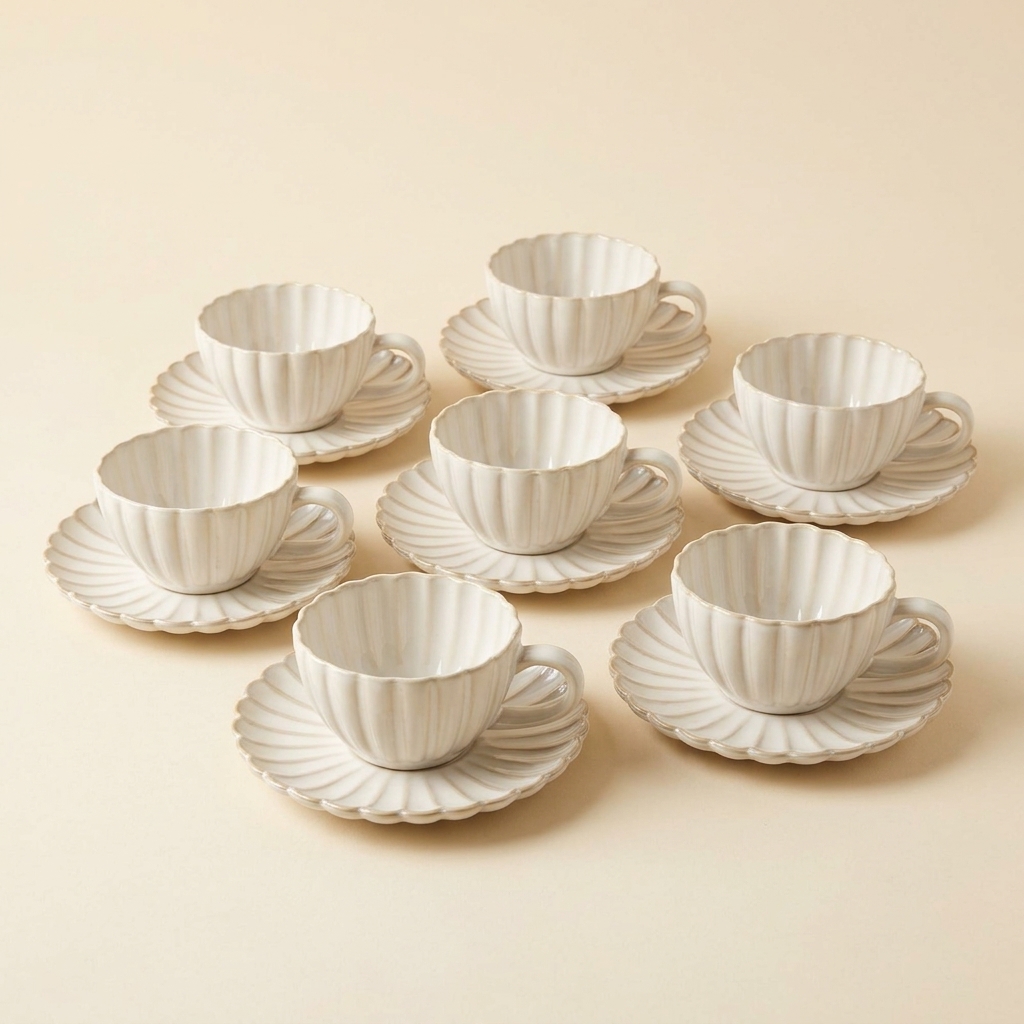 Service de 6 Tasses à Café avec Soucoupes en Porcelaine Bloomy - Almina (12 Pièces)
