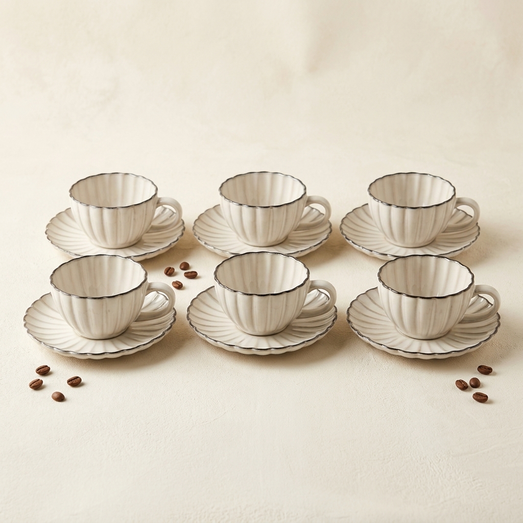 Service de 6 Tasses à Café avec Soucoupes en Porcelaine Bloomy - Almina (12 Pièces)