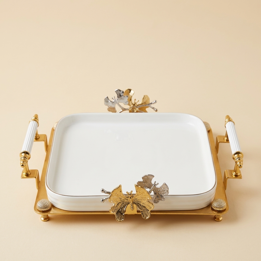 Plateau de Service en Porcelaine avec Support Doré et Motifs Papillons