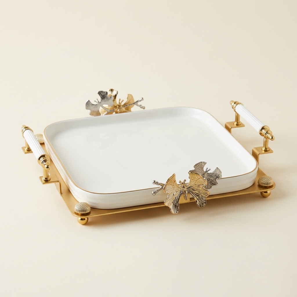 Plateau de Service en Porcelaine avec Support Doré et Motifs Papillons