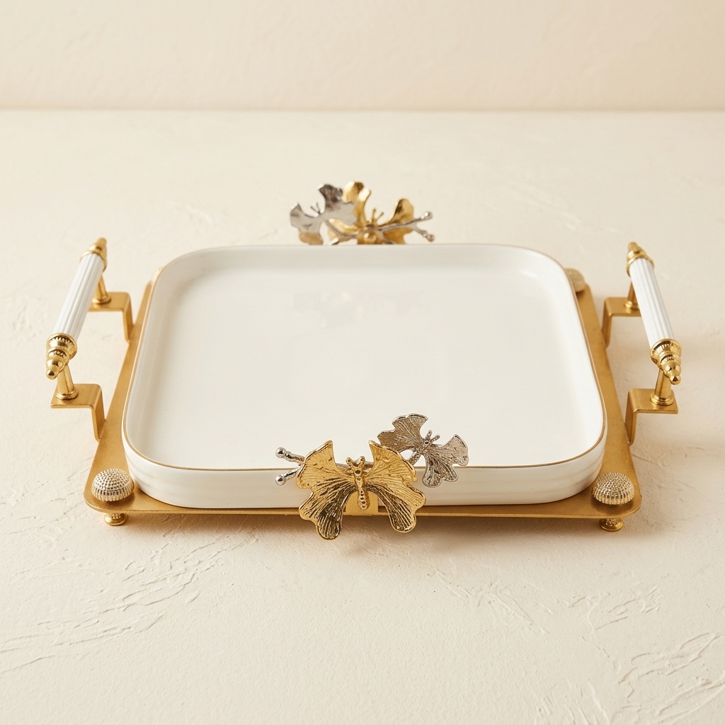 Plateau de Service en Porcelaine avec Support Doré et Motifs Papillons