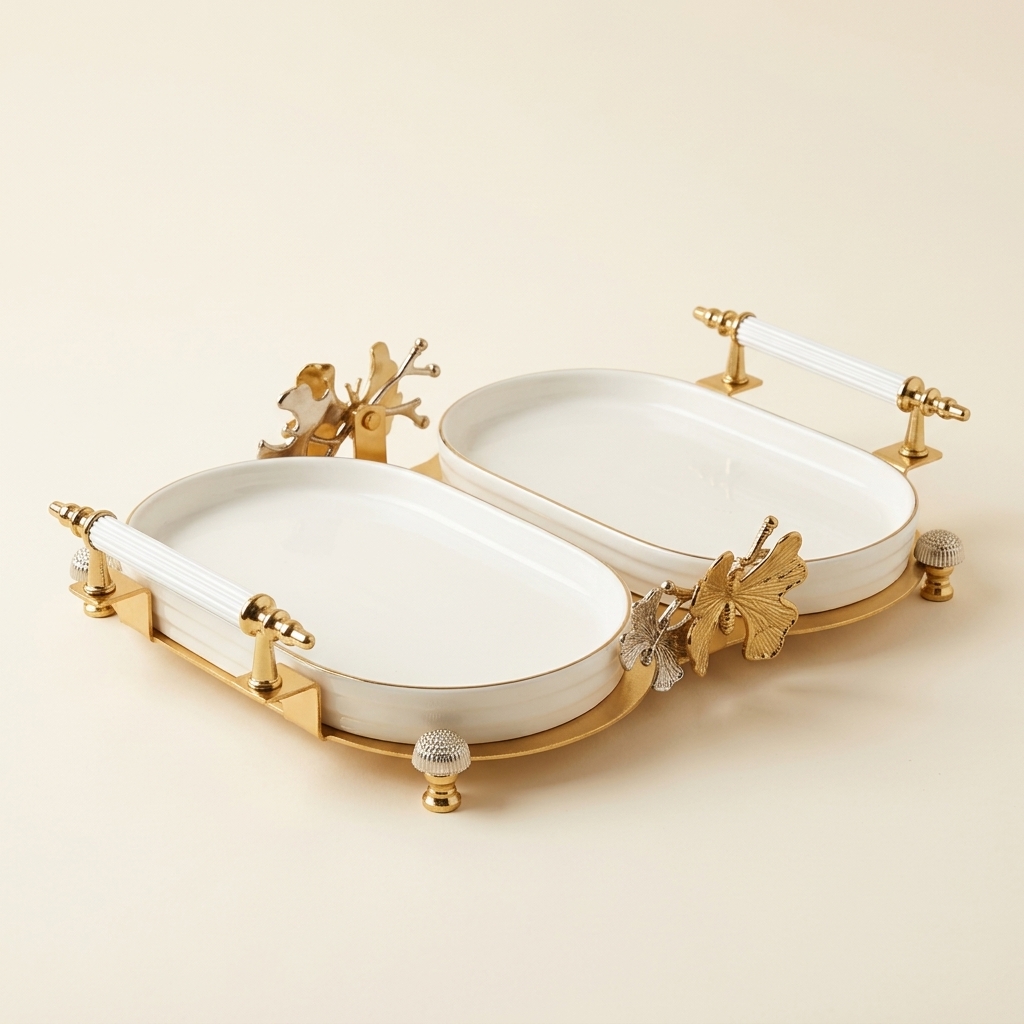 Plat de Service Double Ovale en Porcelaine avec Support Doré