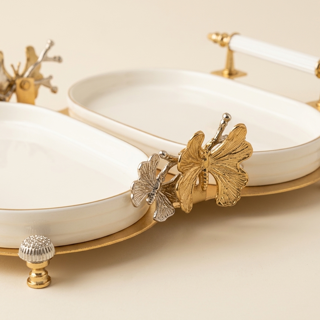 Plat de Service Double Ovale en Porcelaine avec Support Doré