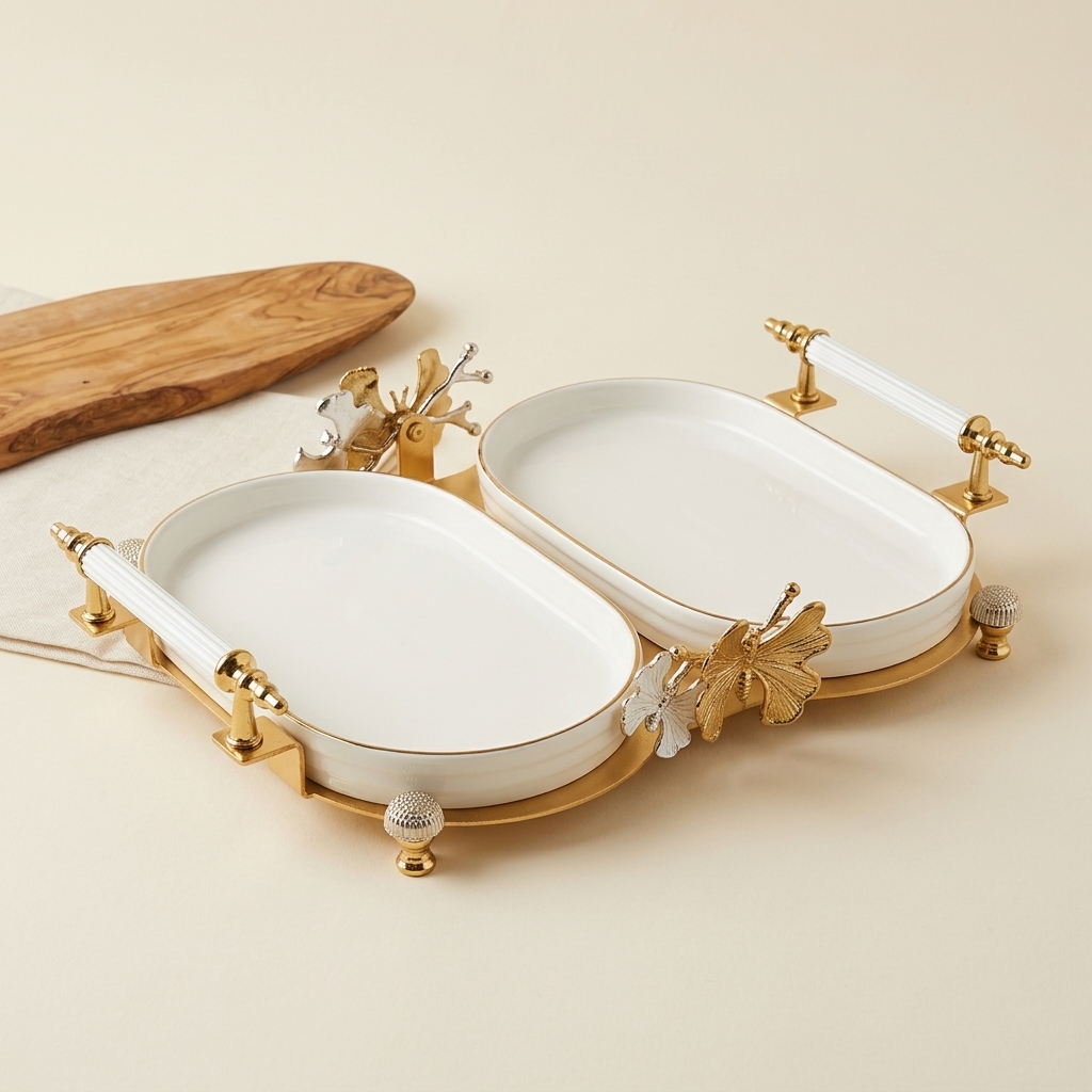 Plat de Service Double Ovale en Porcelaine avec Support Doré