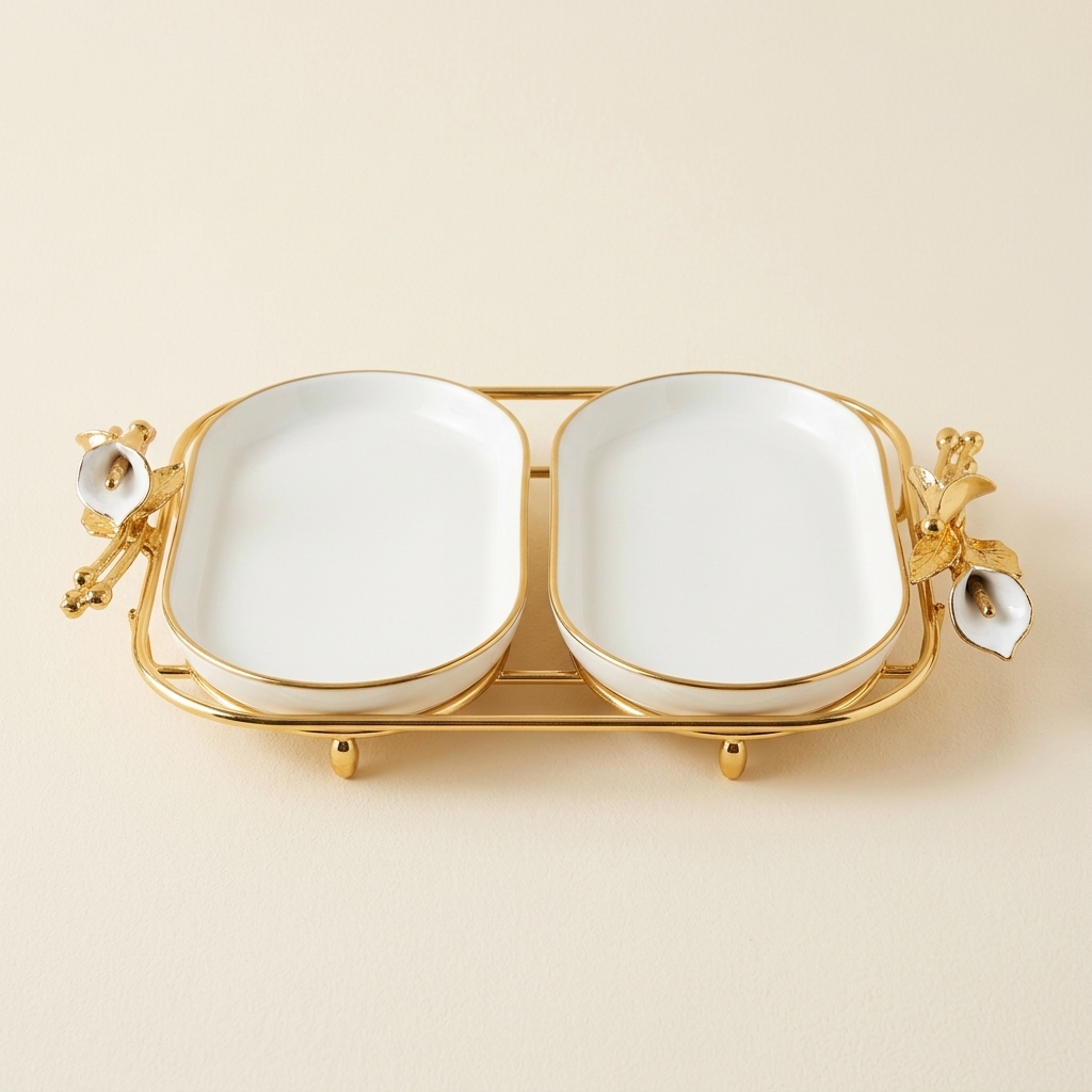 Plat de Service Double Ovale en Porcelaine avec Support Doré
