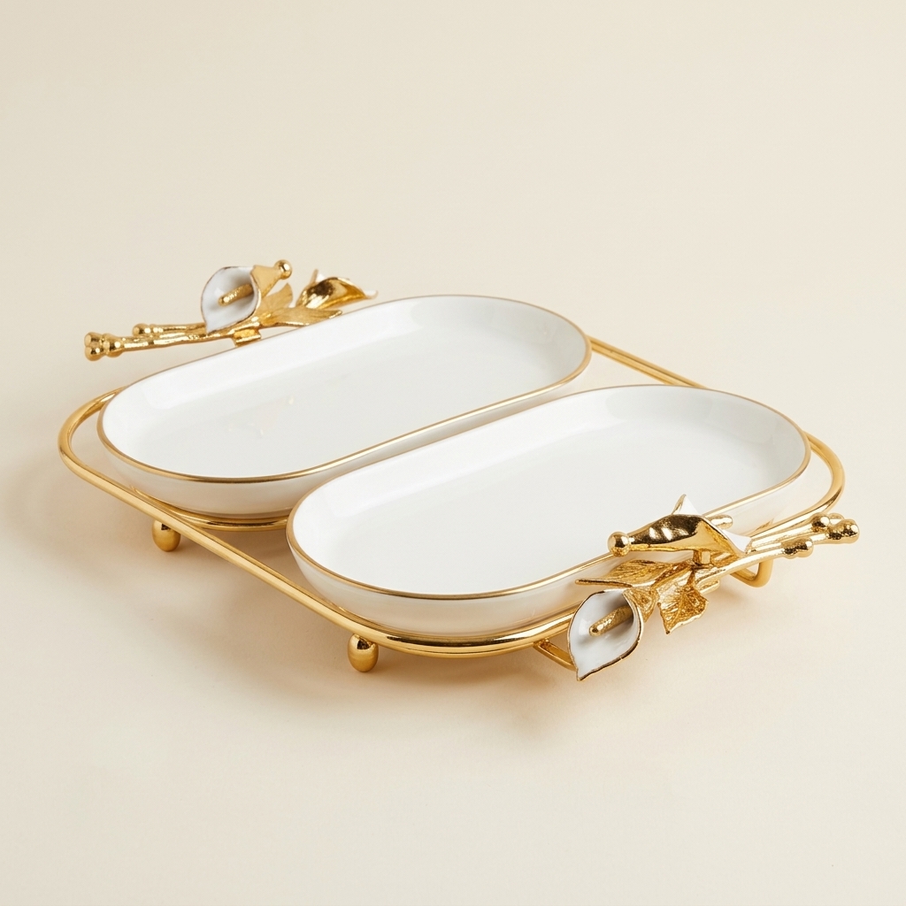 Plat de Service Double Ovale en Porcelaine avec Support Doré