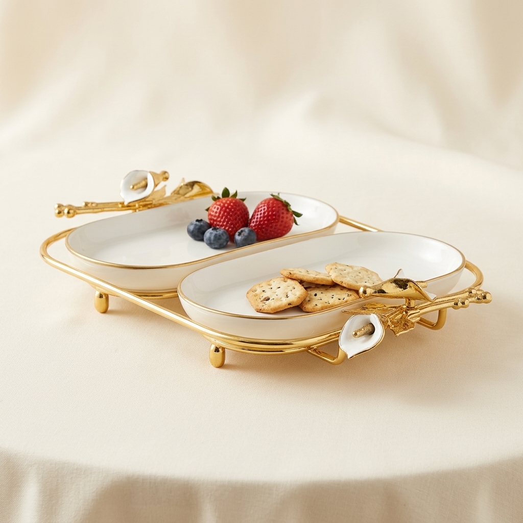 Plat de Service Double Ovale en Porcelaine avec Support Doré