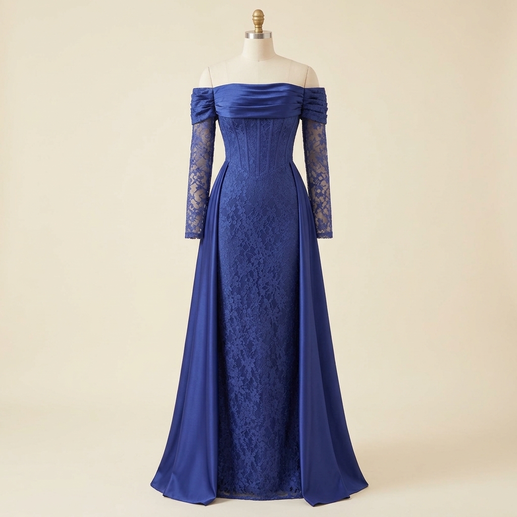 Robe de soirée longue bleu roi à épaules dénudées et dentelle