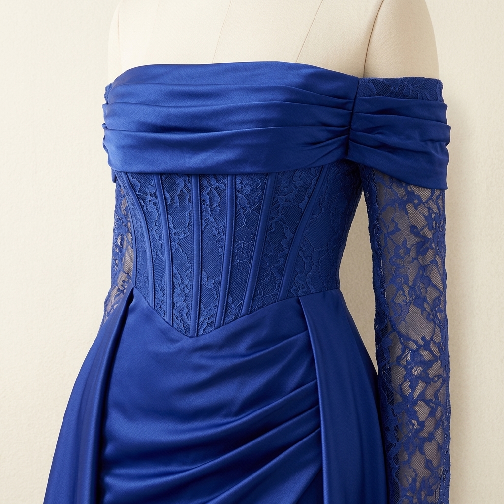 Robe de soirée longue bleu roi à épaules dénudées et dentelle