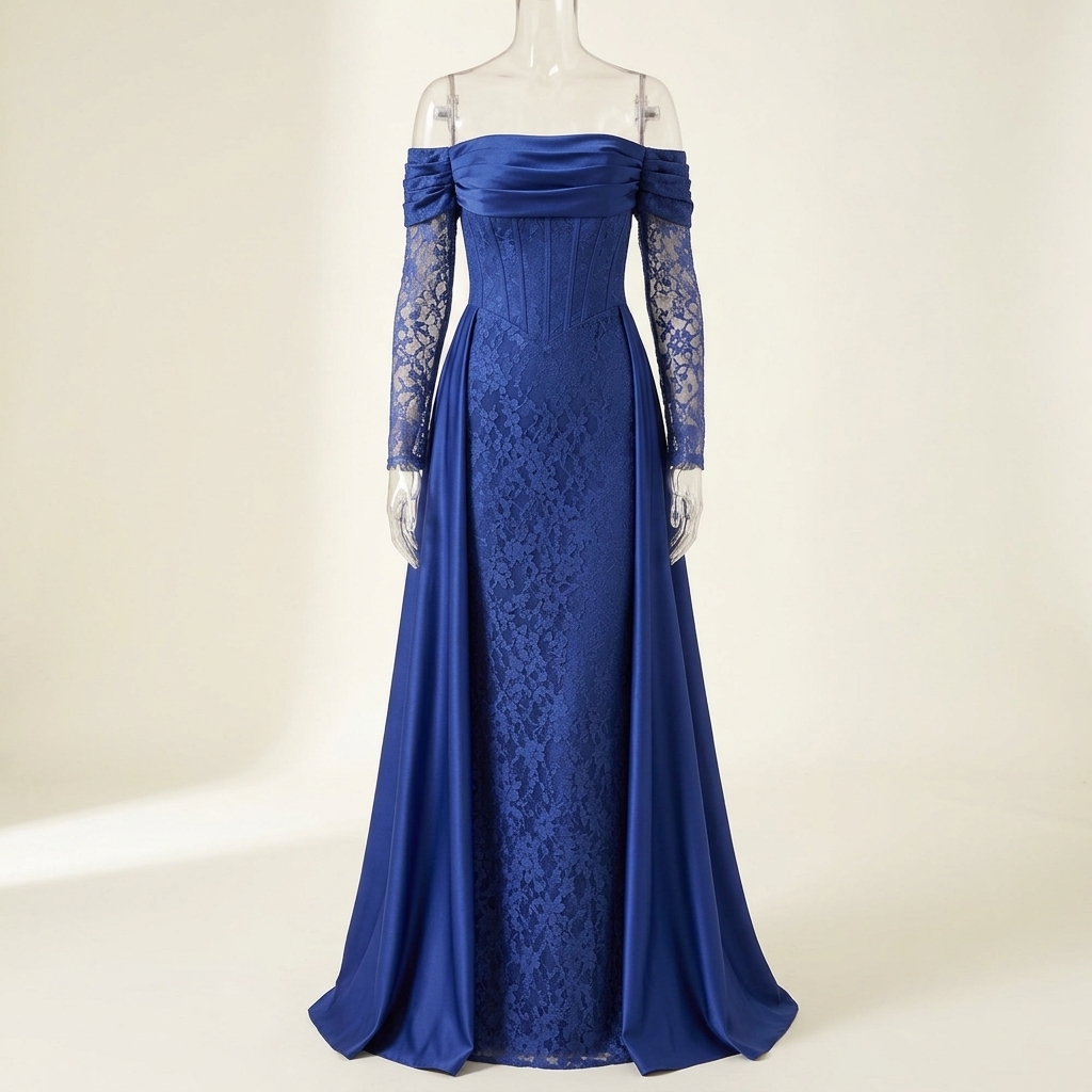 Robe de soirée longue bleu roi à épaules dénudées et dentelle