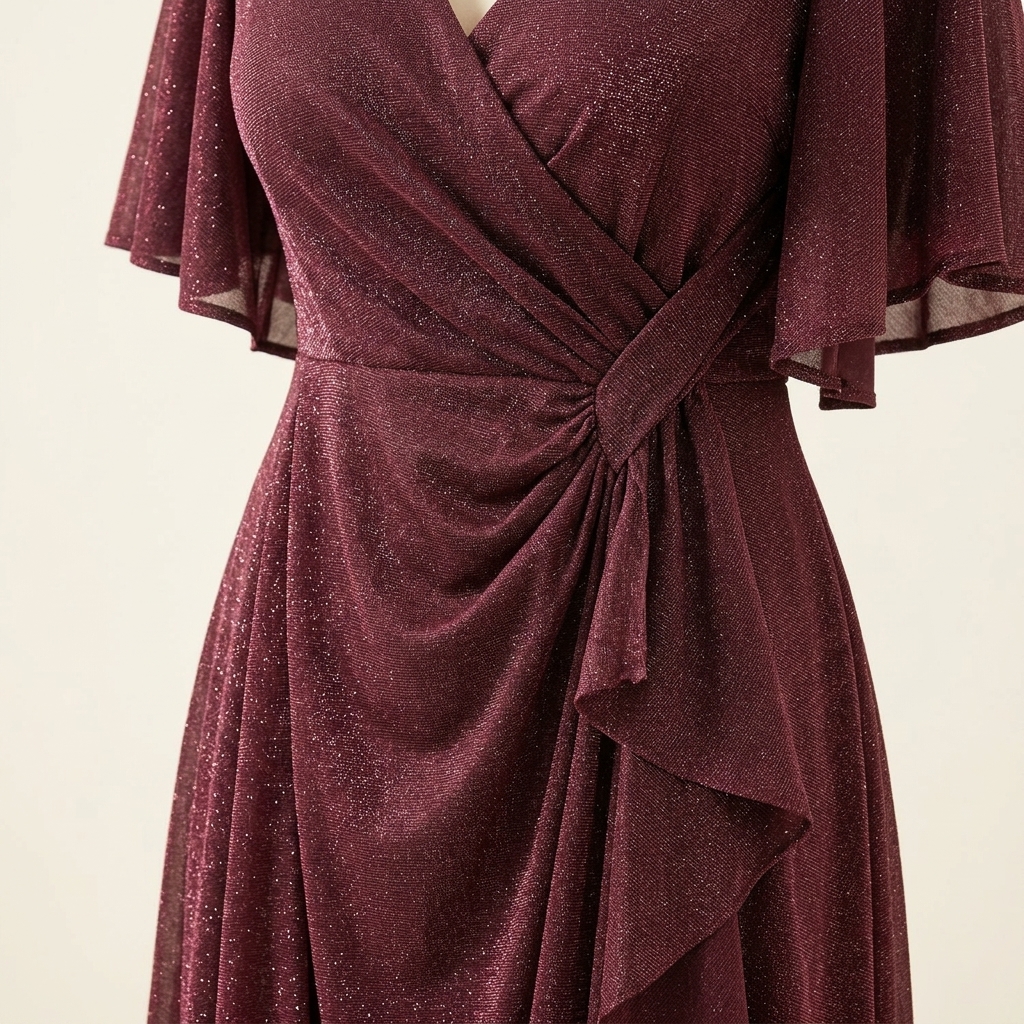 Robe de Soirée Longue Scintillante Drapée à Manches Papillon - Bordeaux