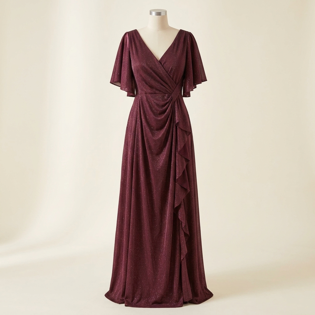 Robe de Soirée Longue Scintillante Drapée à Manches Papillon - Bordeaux