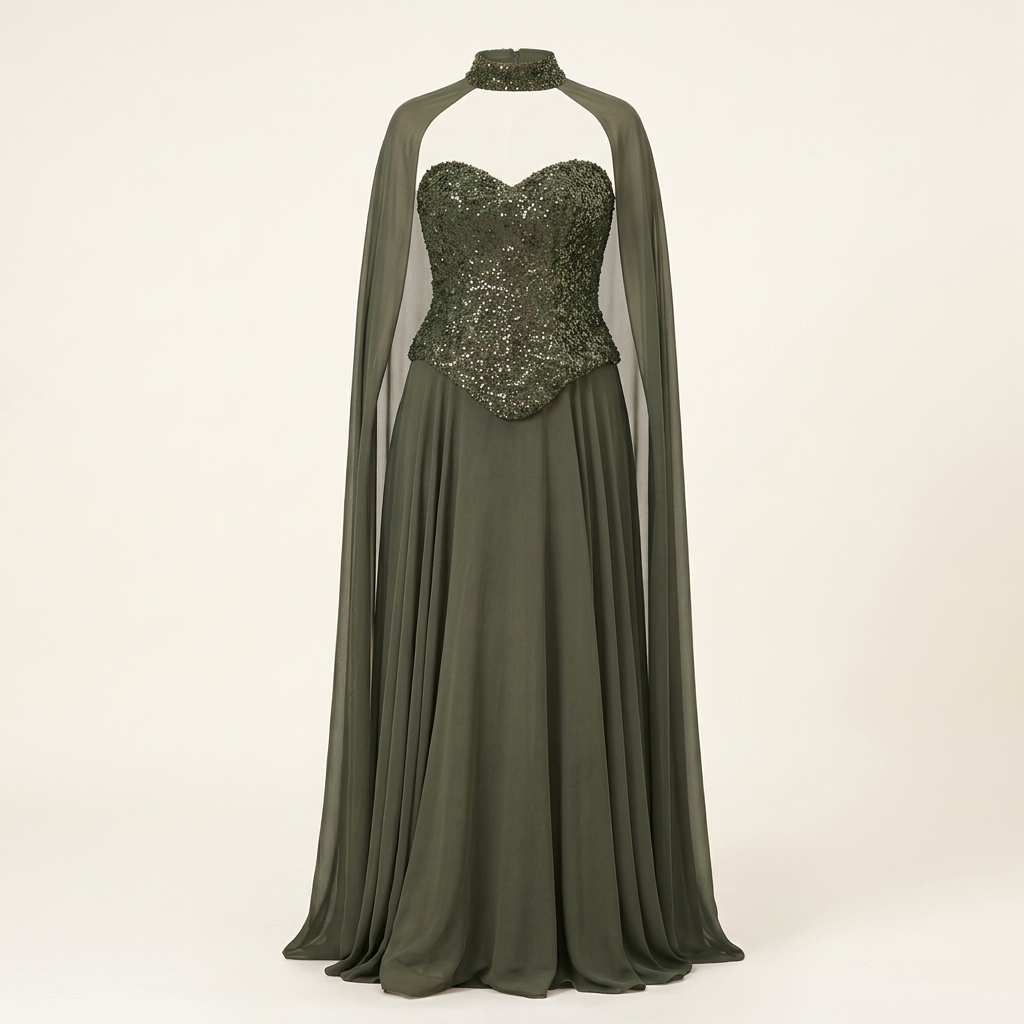 Robe de Soirée Longue Vert Kaki avec Corset à Paillettes et Cape