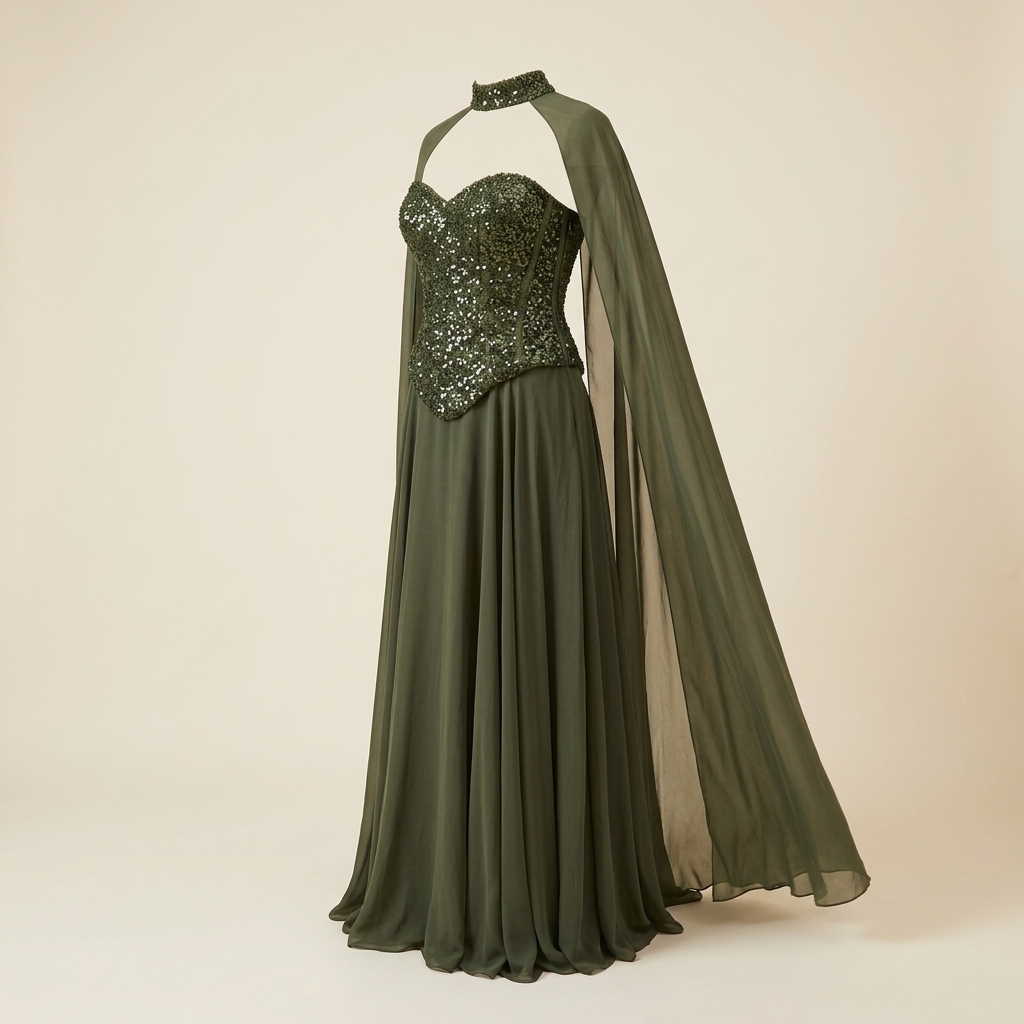 Robe de Soirée Longue Vert Kaki avec Corset à Paillettes et Cape