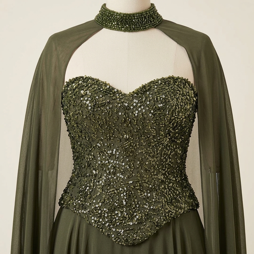 Robe de Soirée Longue Vert Kaki avec Corset à Paillettes et Cape