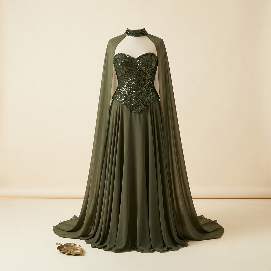 Robe de Soirée Longue Vert Kaki avec Corset à Paillettes et Cape