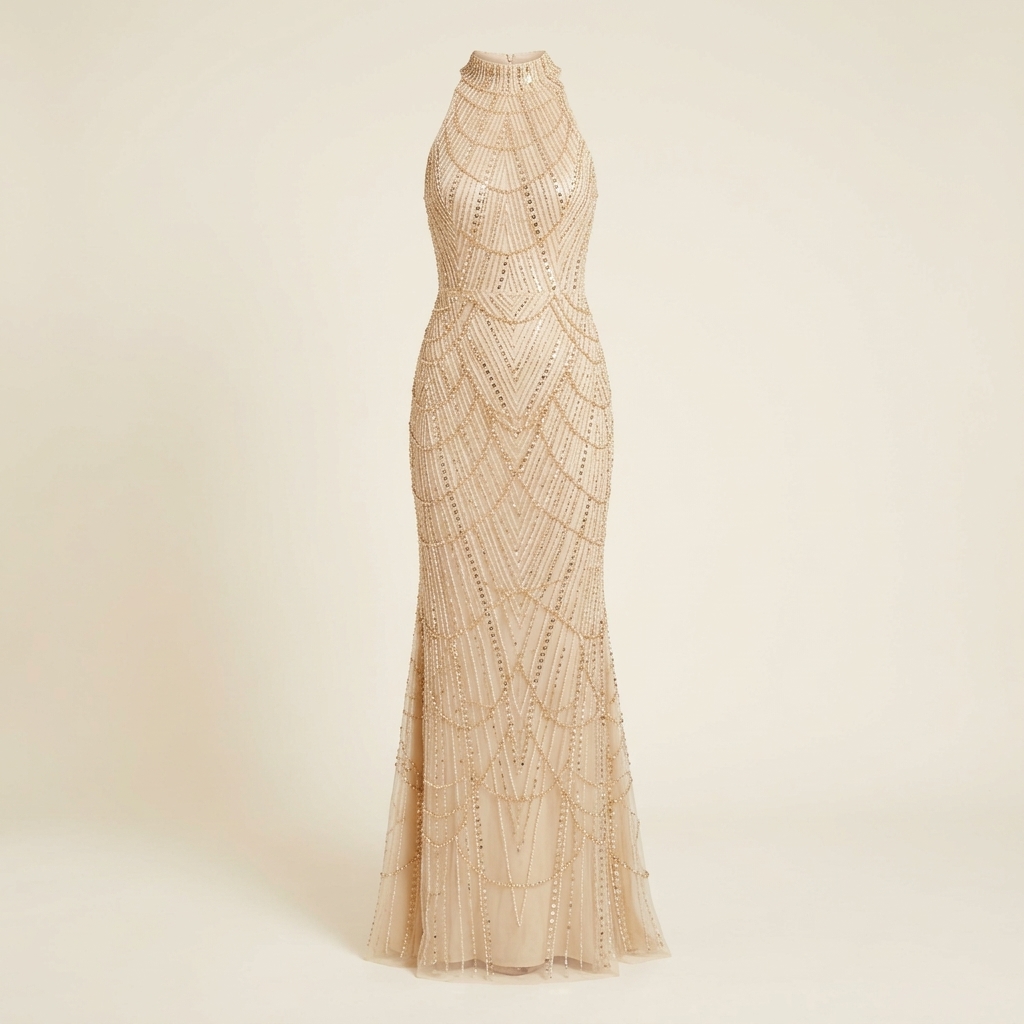 Robe de Soirée Longue Brodée de Perles et Sequins - Champagne