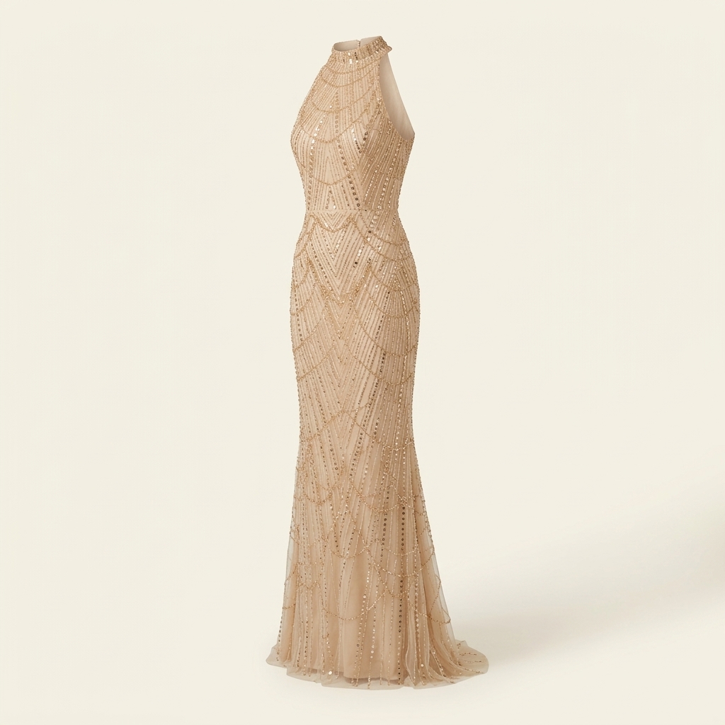 Robe de Soirée Longue Brodée de Perles et Sequins - Champagne