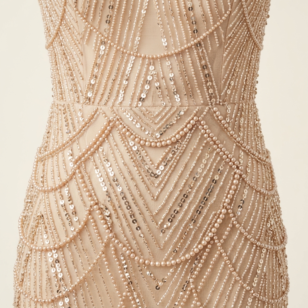 Robe de Soirée Longue Brodée de Perles et Sequins - Champagne