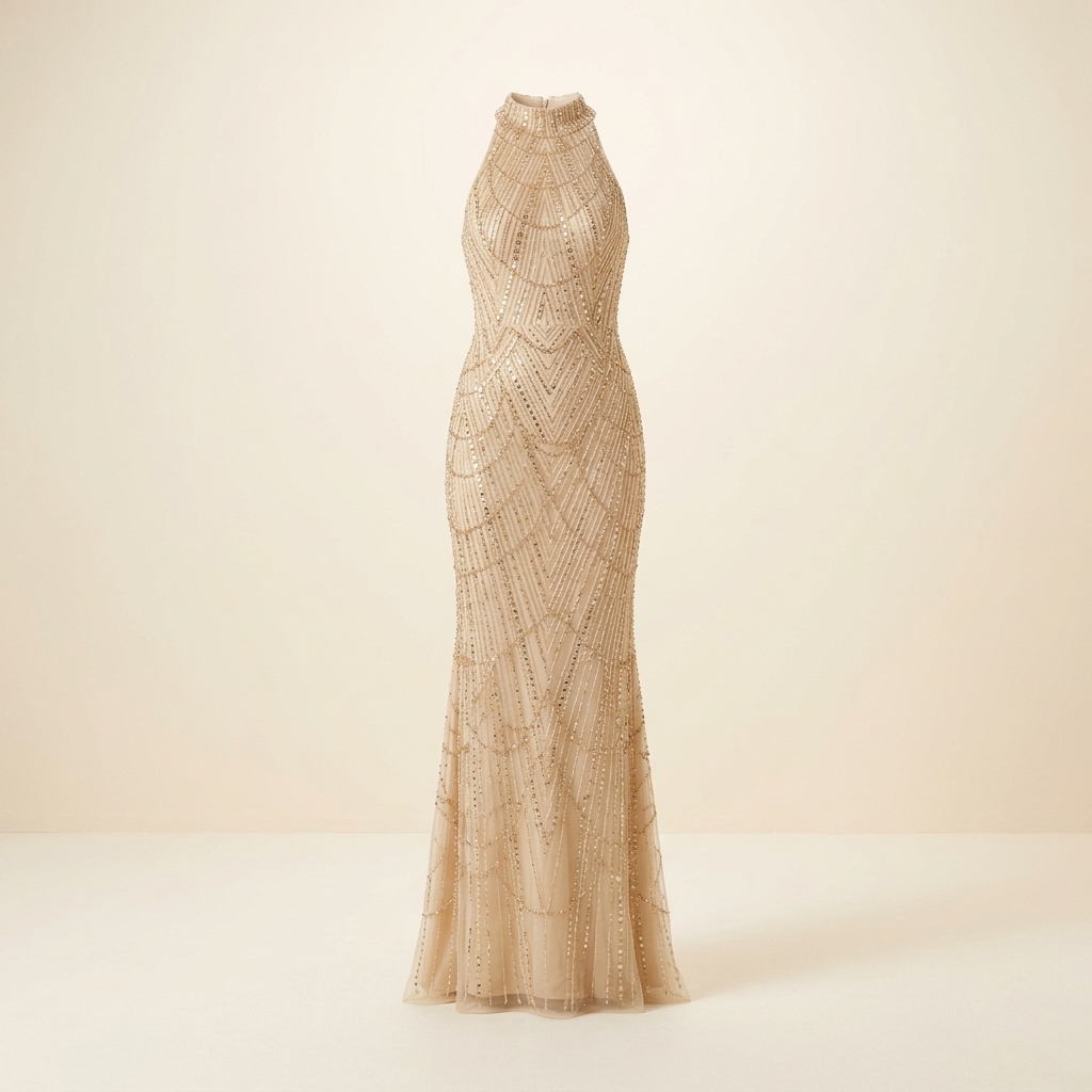 Robe de Soirée Longue Brodée de Perles et Sequins - Champagne