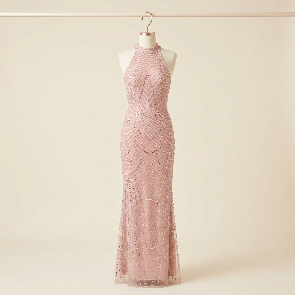 Robe de soirée longue rose poudré ornée de sequins