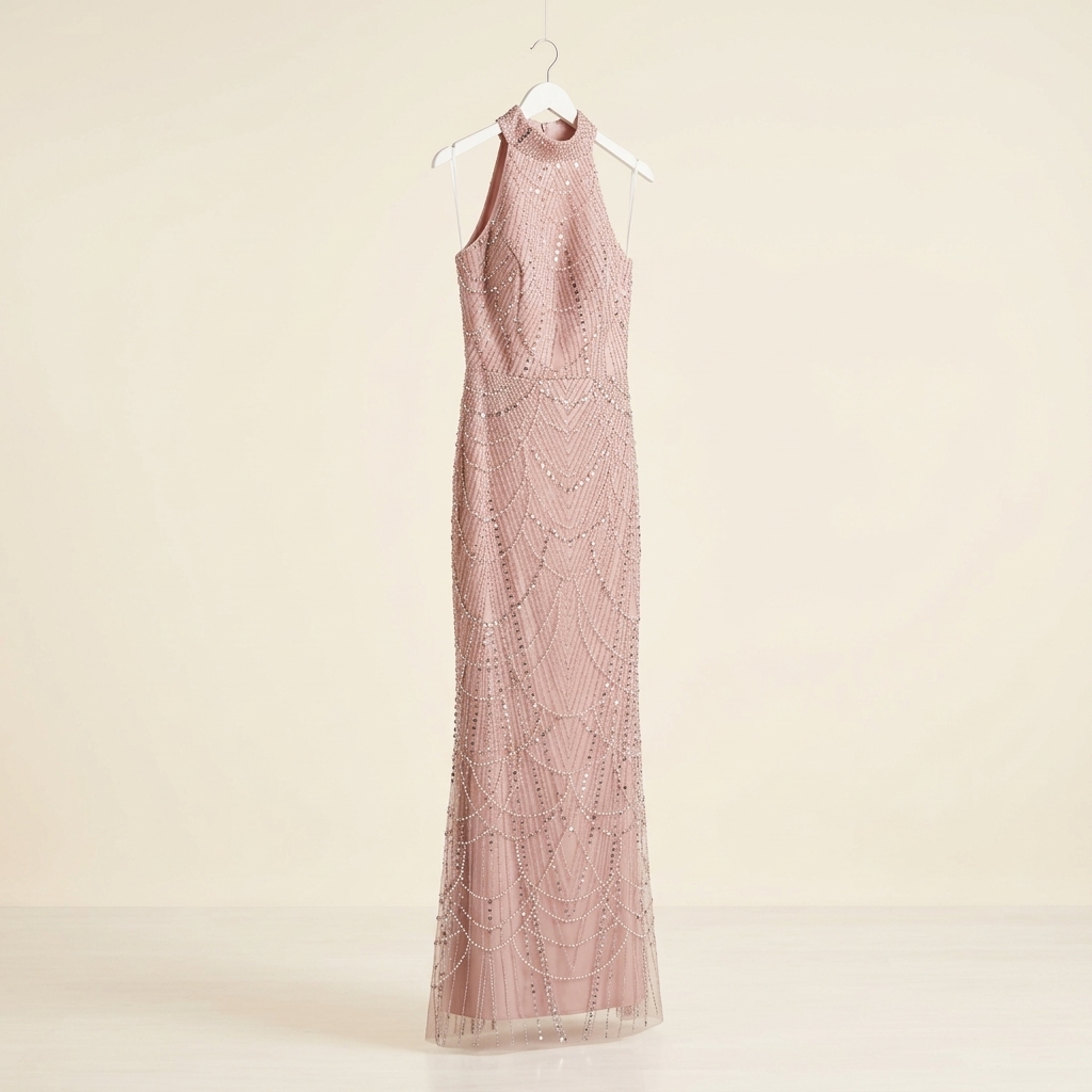 Robe de soirée longue rose poudré ornée de sequins