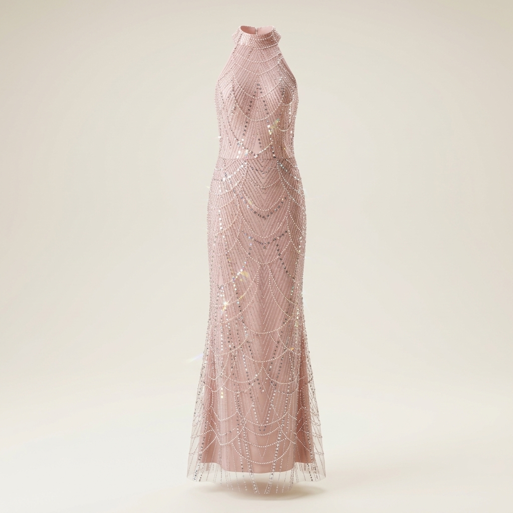 Robe de soirée longue rose poudré ornée de sequins