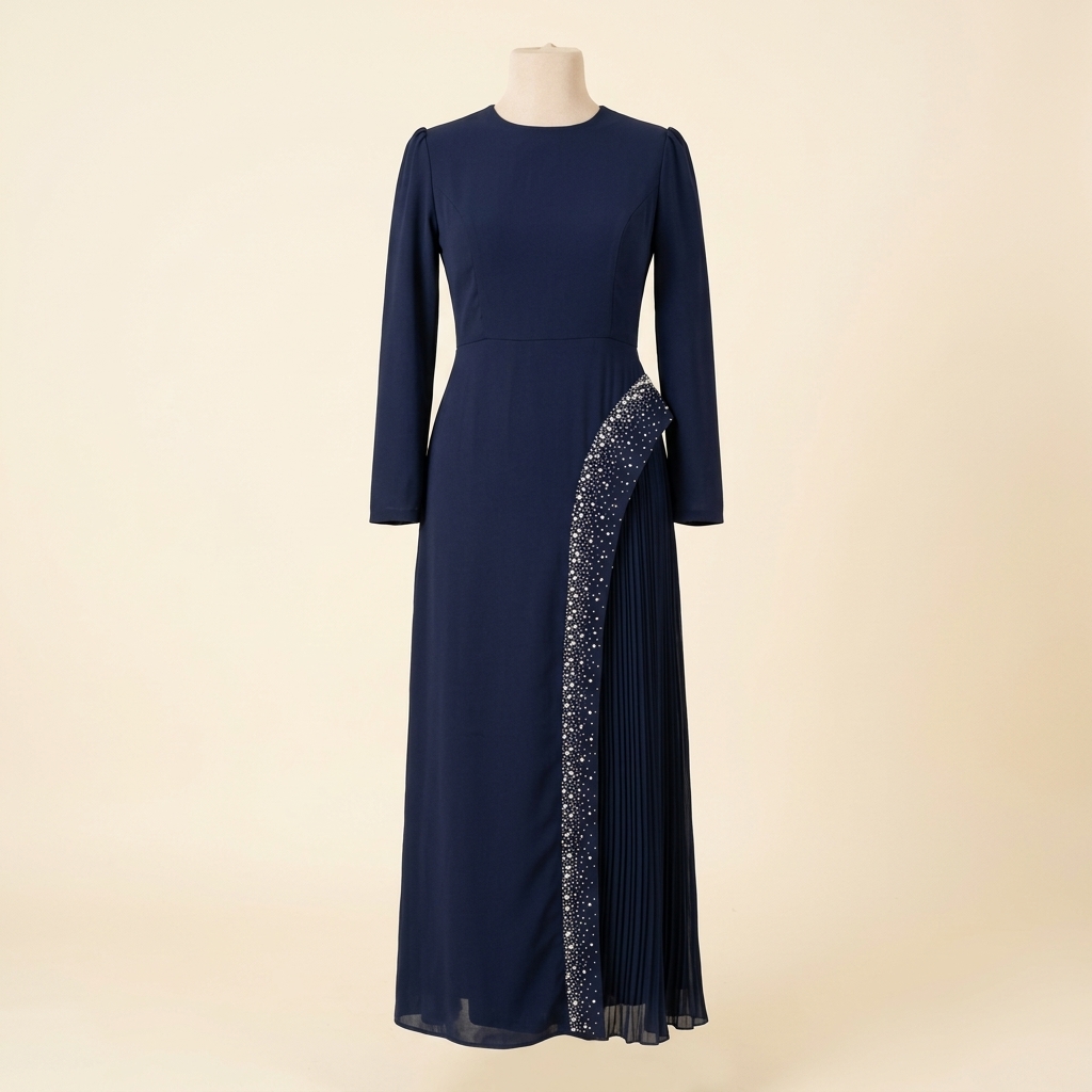 Robe de Soirée Longue Bleu Marine Plissée avec Détails Perlés