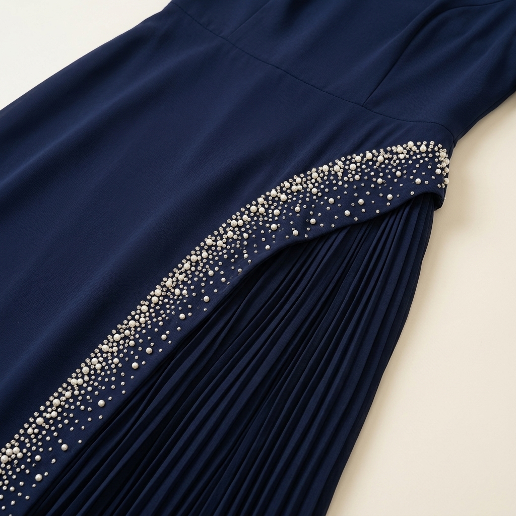 Robe de Soirée Longue Bleu Marine Plissée avec Détails Perlés