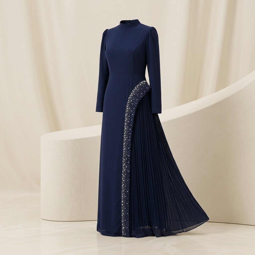 Robe de Soirée Longue Bleu Marine Plissée avec Détails Perlés