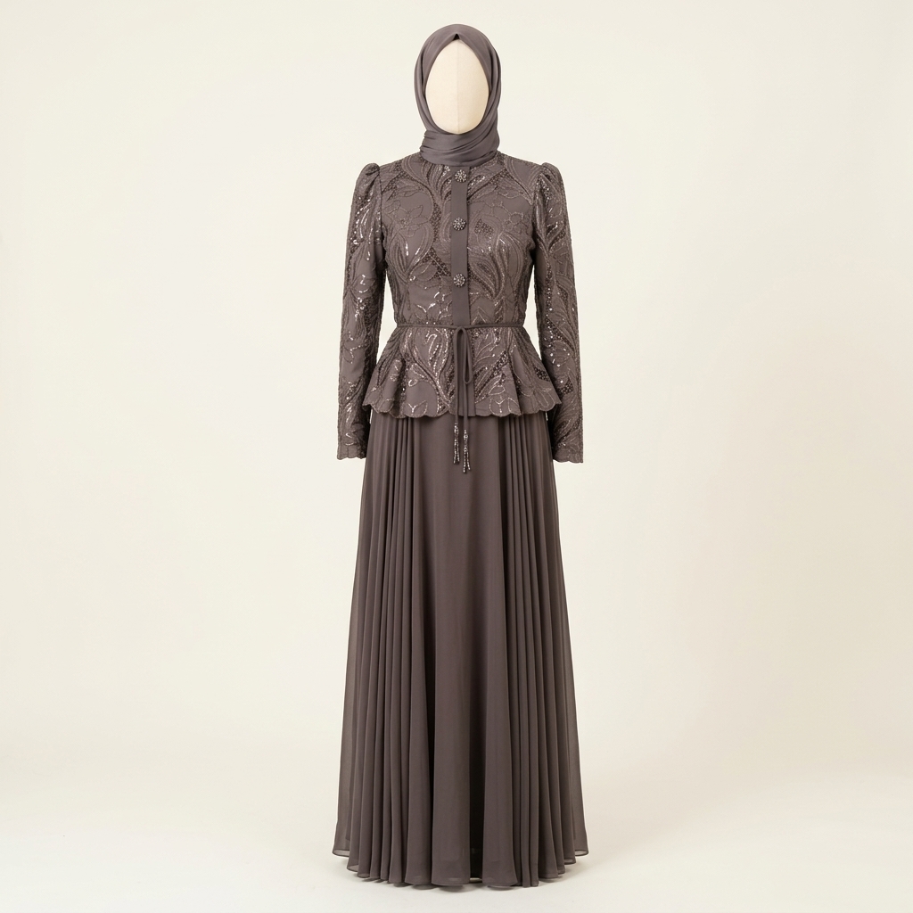 Robe de Soirée Longue Élégante à Basque Brodé et Jupe Plissée