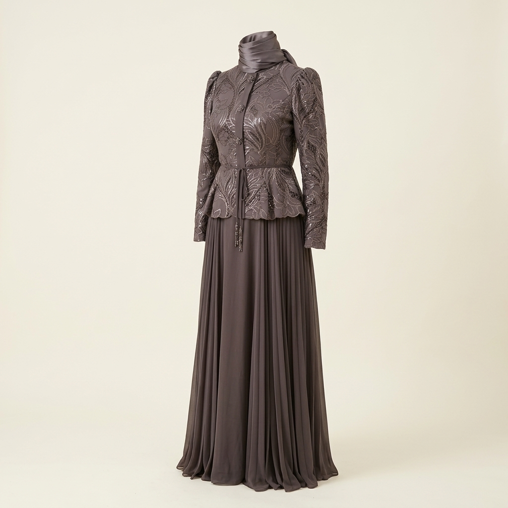 Robe de Soirée Longue Élégante à Basque Brodé et Jupe Plissée