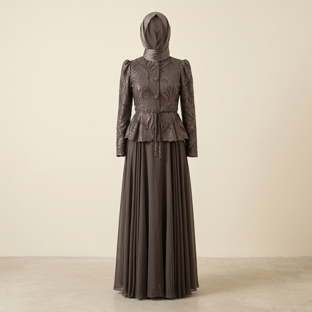Robe de Soirée Longue Élégante à Basque Brodé et Jupe Plissée
